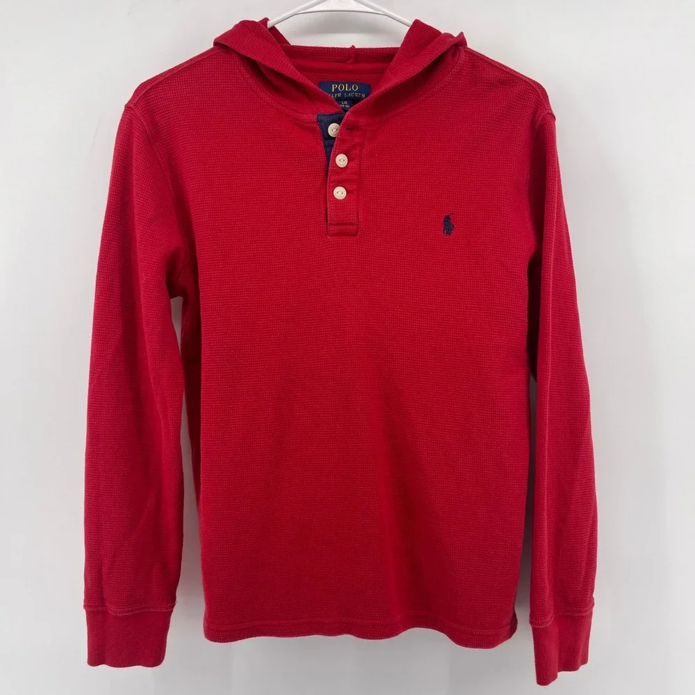 Polo Ralph Lauren Hoodie Waffle Knit Long Sleeve Red Top‎ Youth L
